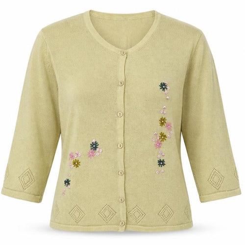 Preworn Womens Gold Round Neck Floral Acrylic Cardigan Jumper Size S