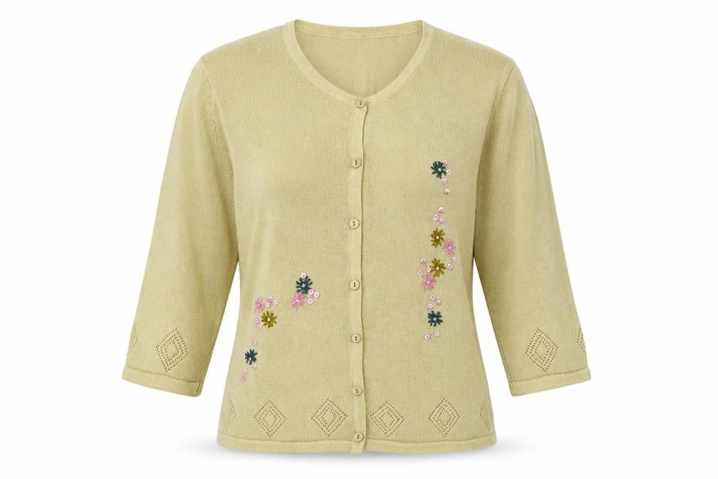 Preworn Womens Gold Round Neck Floral Acrylic Cardigan Jumper Size S