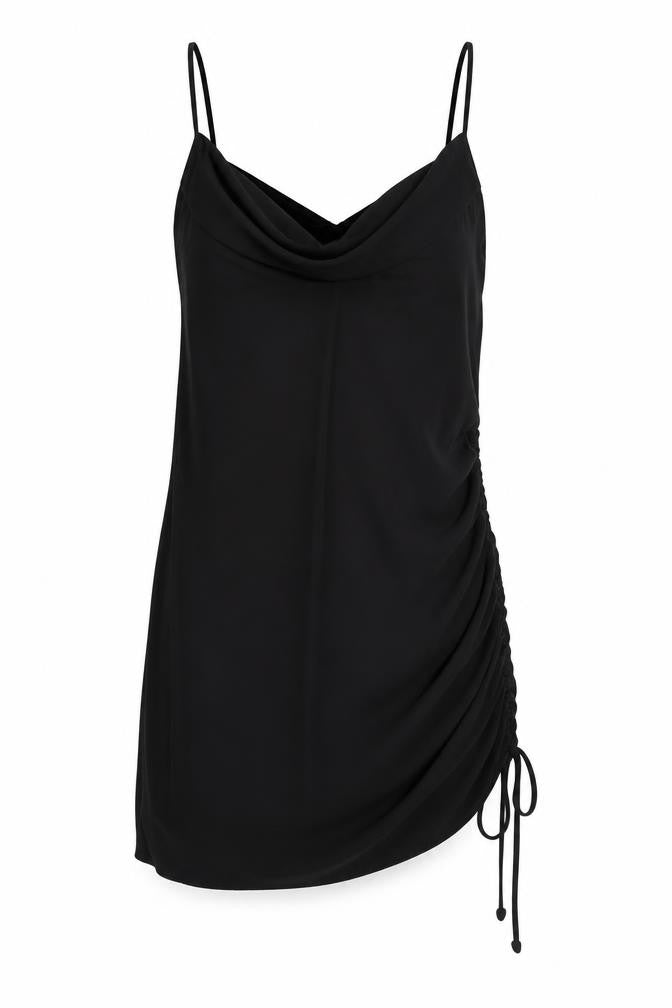 Front view of Cameo Rose women’s black polyester tunic tank, size UK 8, cowl neck