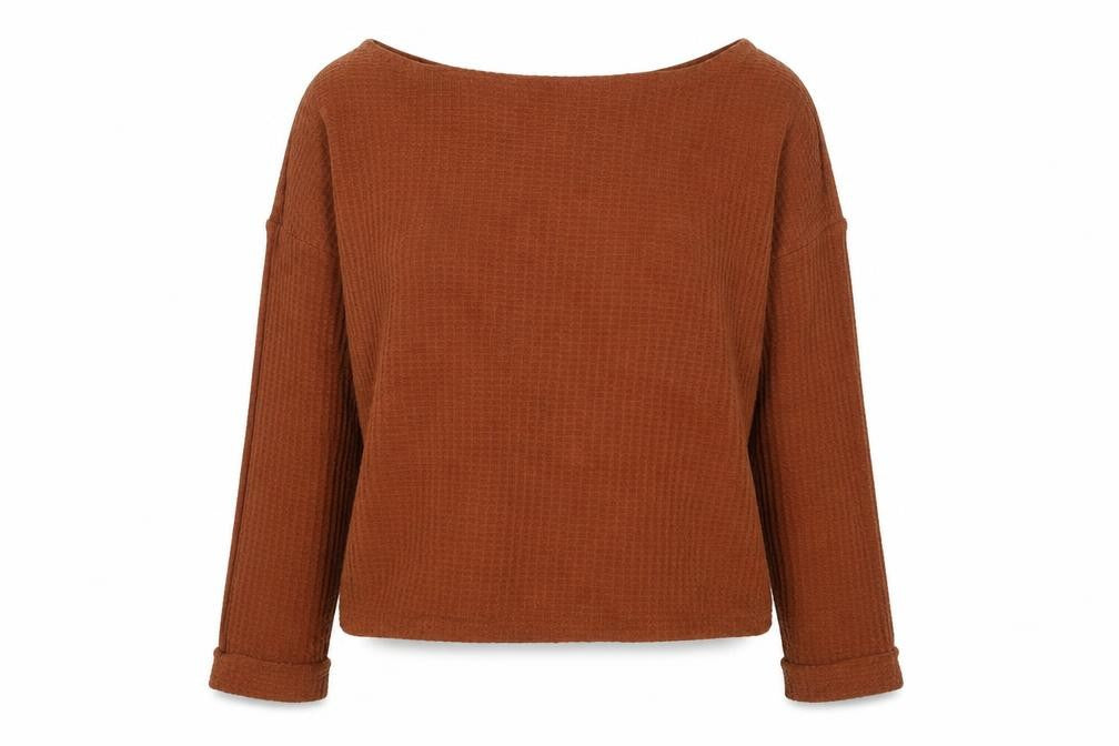 Front view of Preworn women’s brown round neck polyester jumper, size M