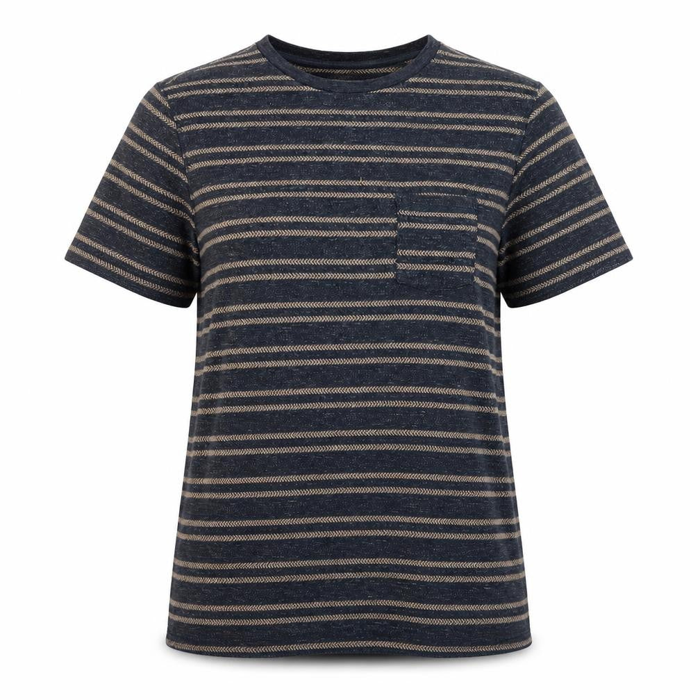 Front view of Celio women’s blue striped cotton basic t-shirt, size S, round neck