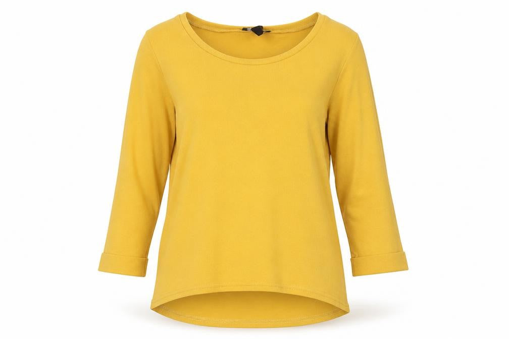 Front view of New Look women’s yellow round neck polyester jumper, size UK 8