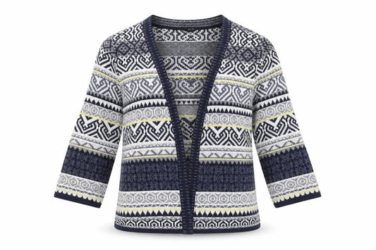 Front view of F&F women’s multicoloured v-neck geometric cotton cardigan jumper, size UK 10