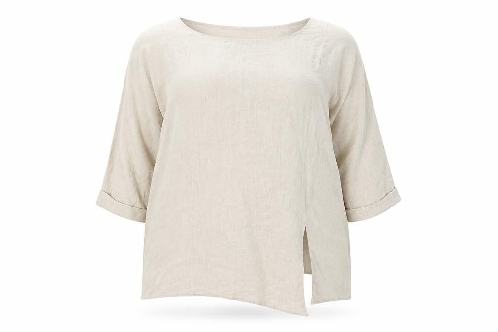Front view of Saloos women’s beige round neck polyester jumper, size UK 16