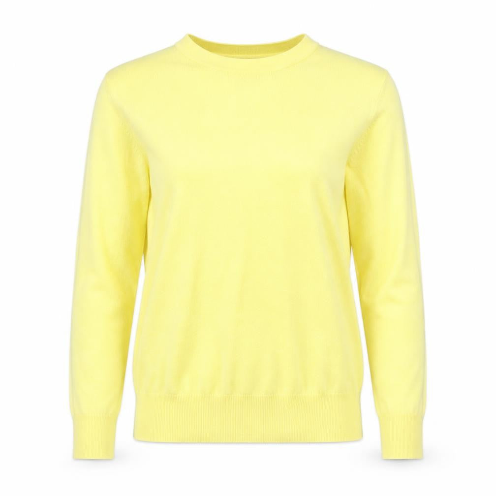Front view of Warehouse women’s yellow round neck cotton jumper, size UK 6