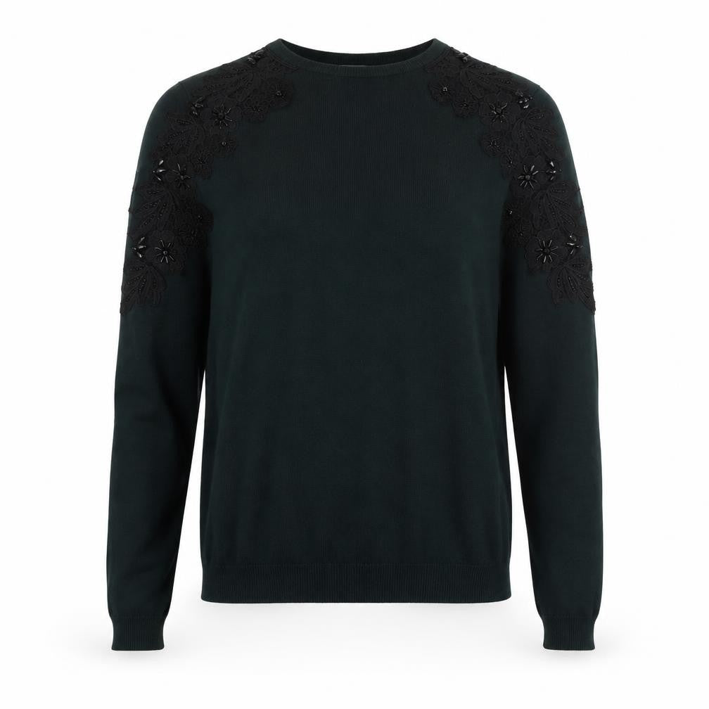 Front view of Warehouse women’s green round neck cotton jumper, size UK 6