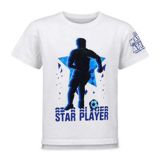 Front view of Primark boys’ white cotton basic t-shirt, size 5-6, years crew neck - football