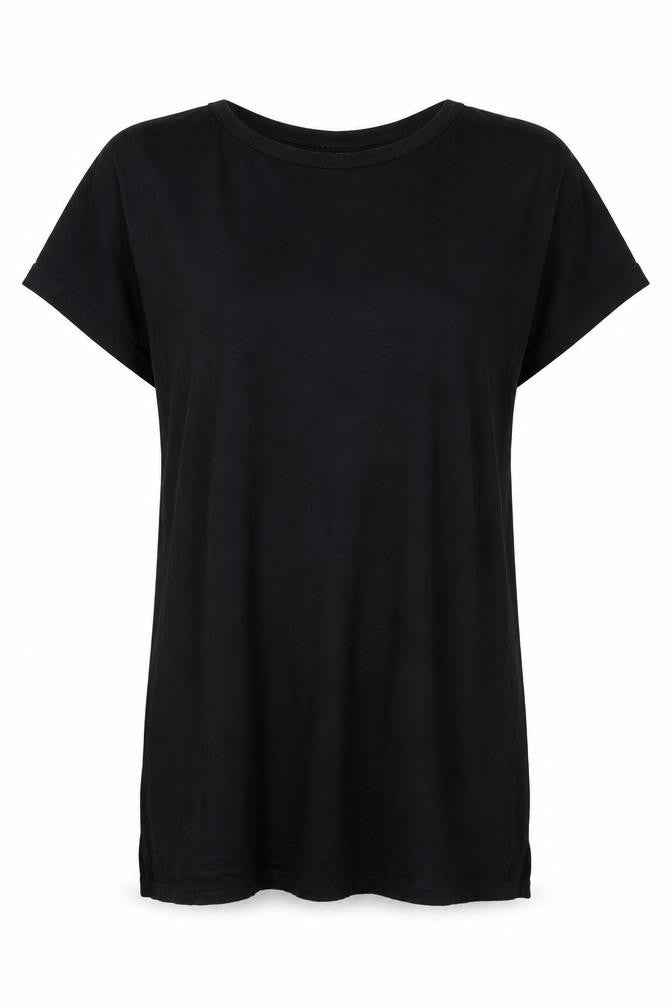 Front view of New Look women’s black viscose basic t-shirt, size UK 8, round neck
