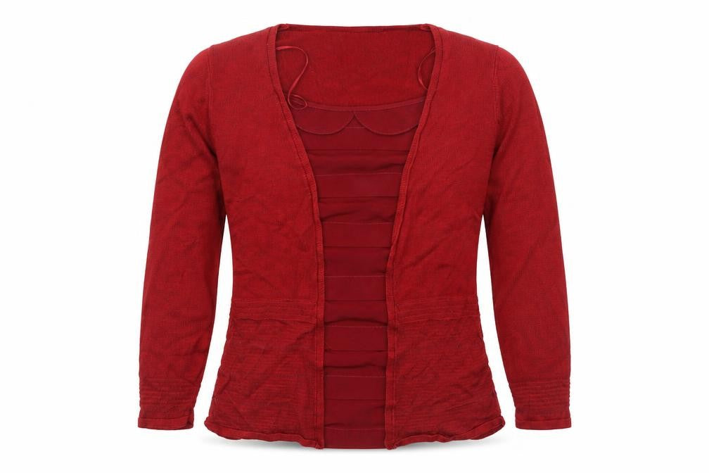 Front view of Per Una women’s red scoop neck viscose jumper, size UK 8