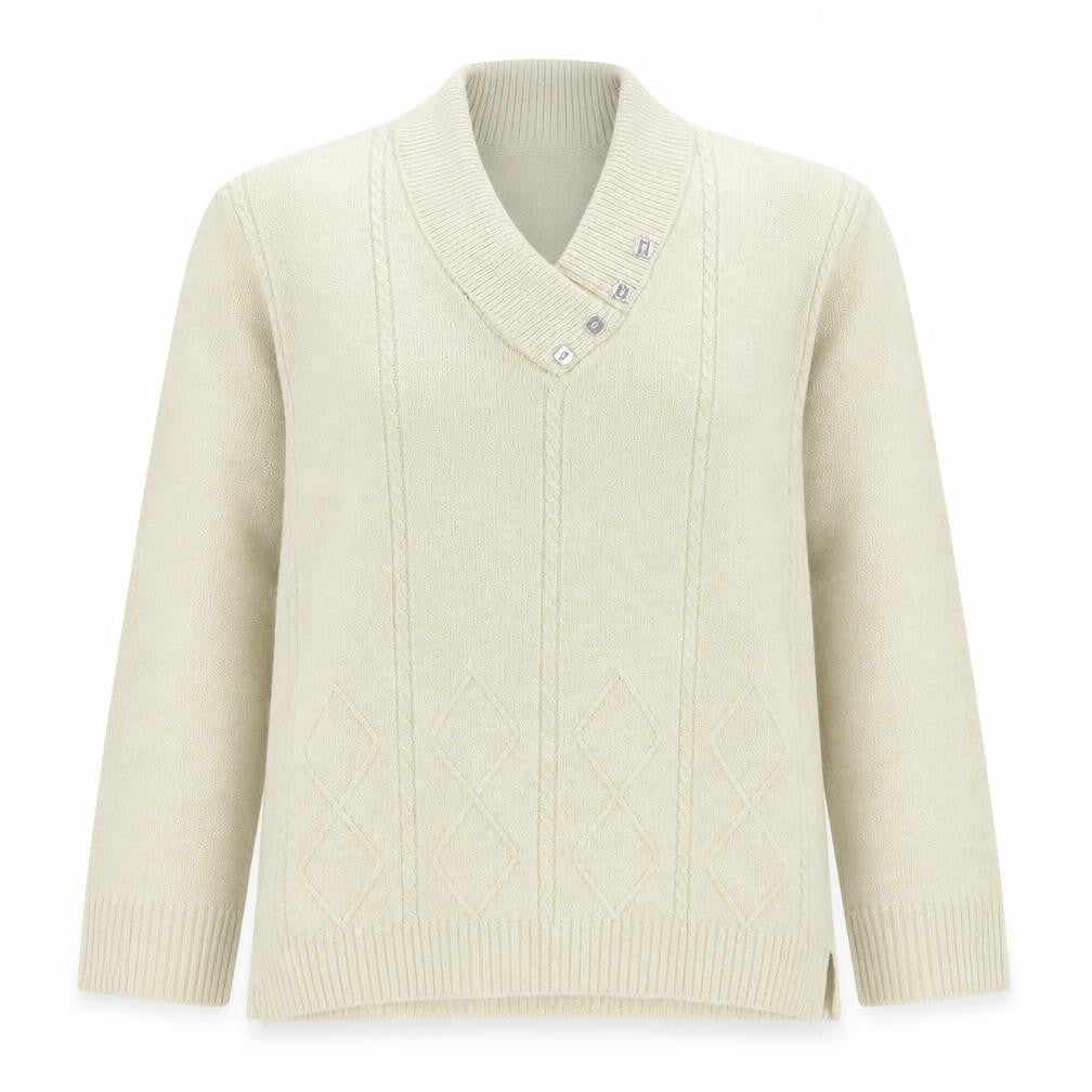 Front view of Pure & Natural women’s beige v-neck acrylic jumper, size S