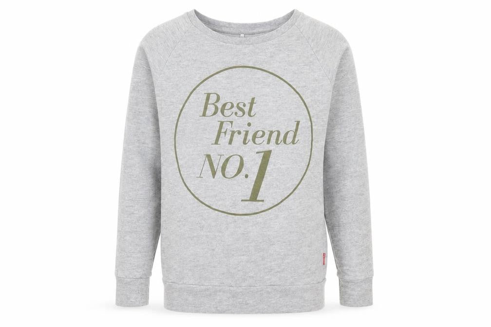 Front view of NAME IT boys’ grey cotton basic casual, size 9-10, years crew neck pullover - no.1 bestfriend