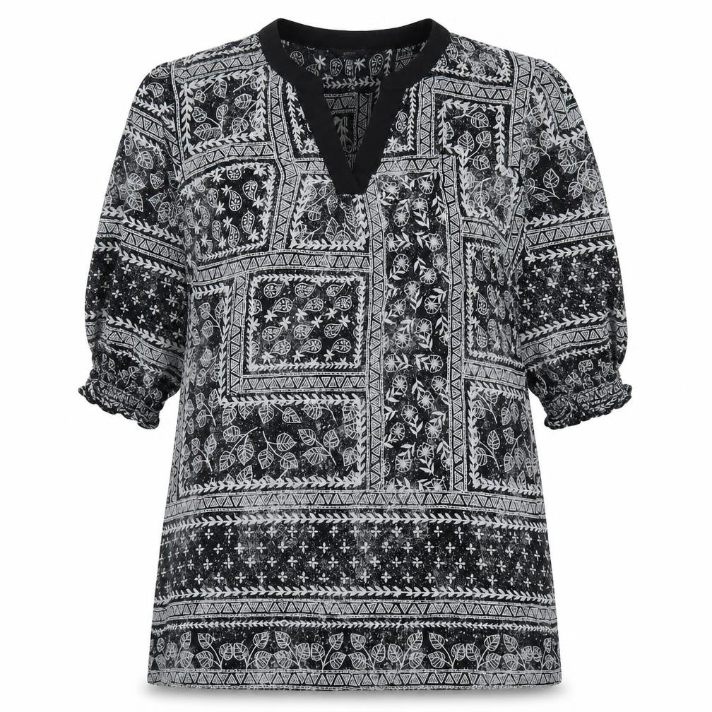 Front view of Yest women’s black geometric polyester a-line, size UK 10, v-neck pullover