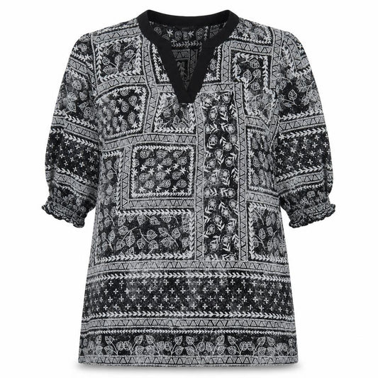 Front view of Yest women’s black geometric polyester a-line, size UK 10, v-neck pullover