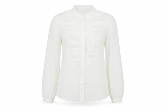 Front view of H&M women’s white polka dot polyester basic button-up, size UK 8, crew neck