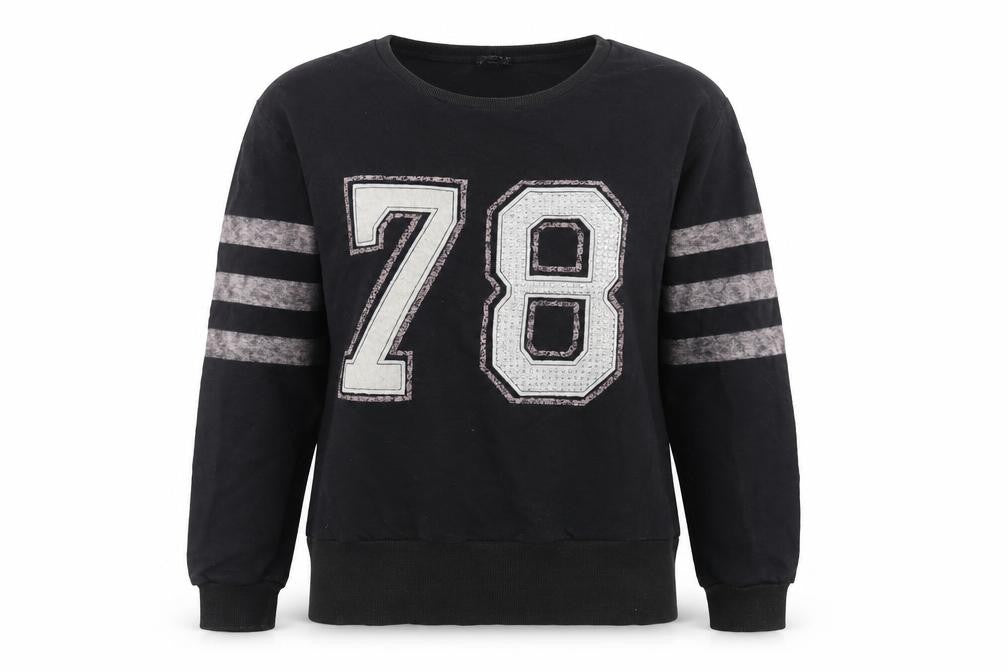 Front view of Quiz women’s black cotton pullover sweatshirt, size S, pullover