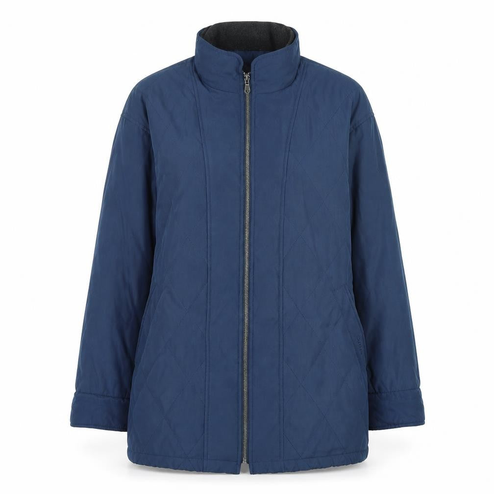 Front view of collage clothing women’s blue rain coat coat, size UK 40