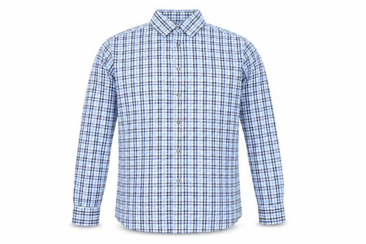 Front view of Marks & Spencer men’s blue check polyester button-up, size 41, collared