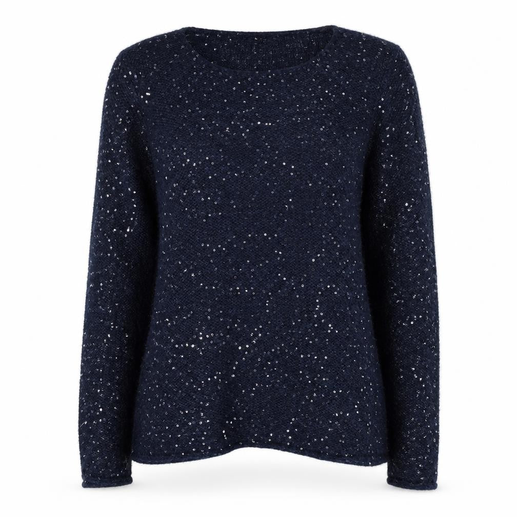 Front view of Caroll women’s blue round neck acrylic jumper, size UK 38