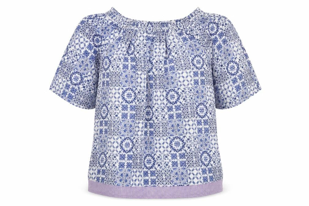 Front view of Gina women’s blue paisley polyester basic blouse, size UK 12, boat neck