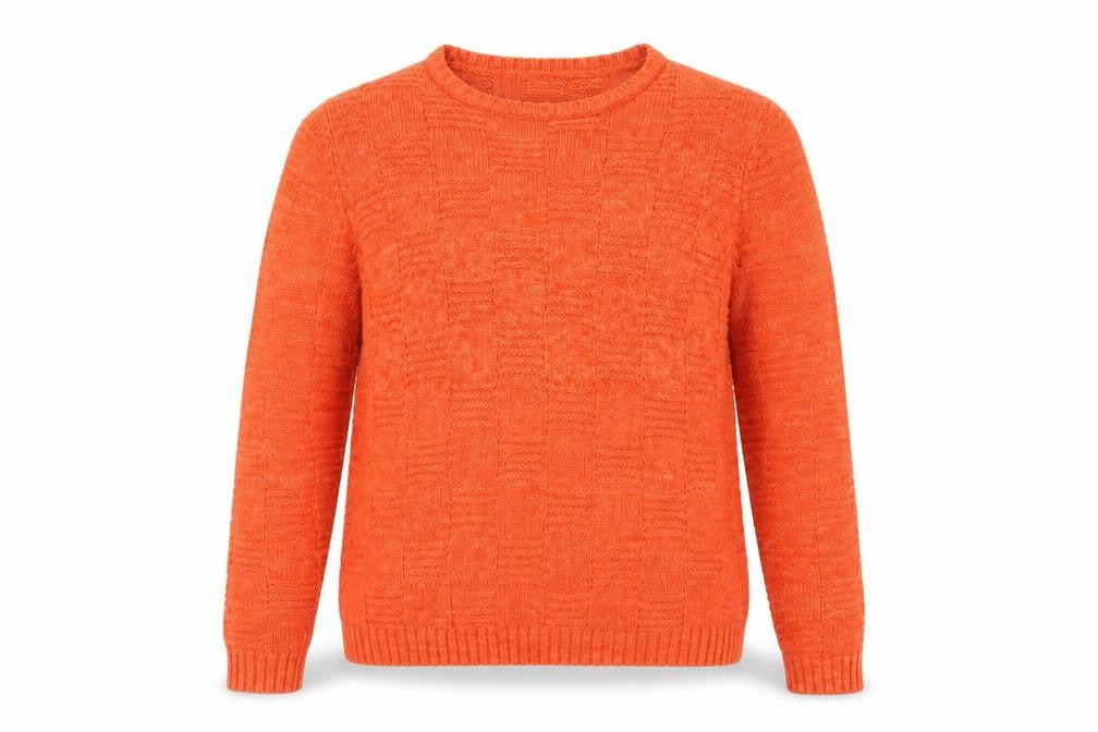 Front view of Spirit women’s orange crew neck acrylic jumper, size UK 12
