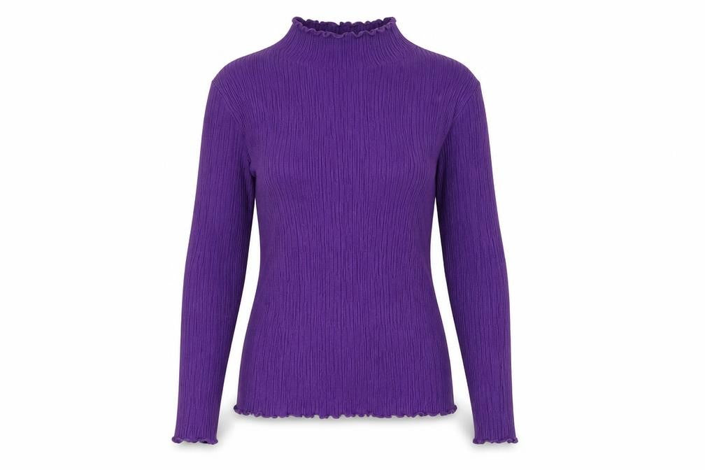 Front view of I/Text women’s purple high neck viscose jumper, size S