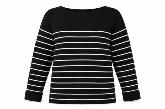 Front view of H&M women’s black round neck striped polyester jumper, size S