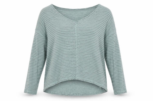 Front view of Dunnes women’s green striped viscose basic blouse, size L, round neck