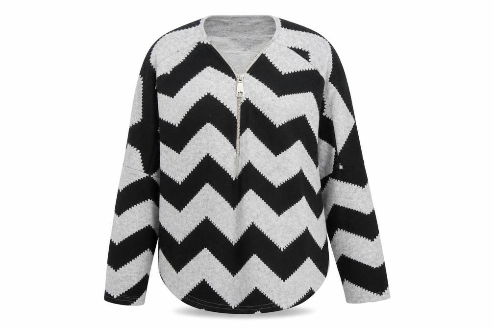 Front view of Bonmarché women’s grey round neck geometric polyester jumper, size S