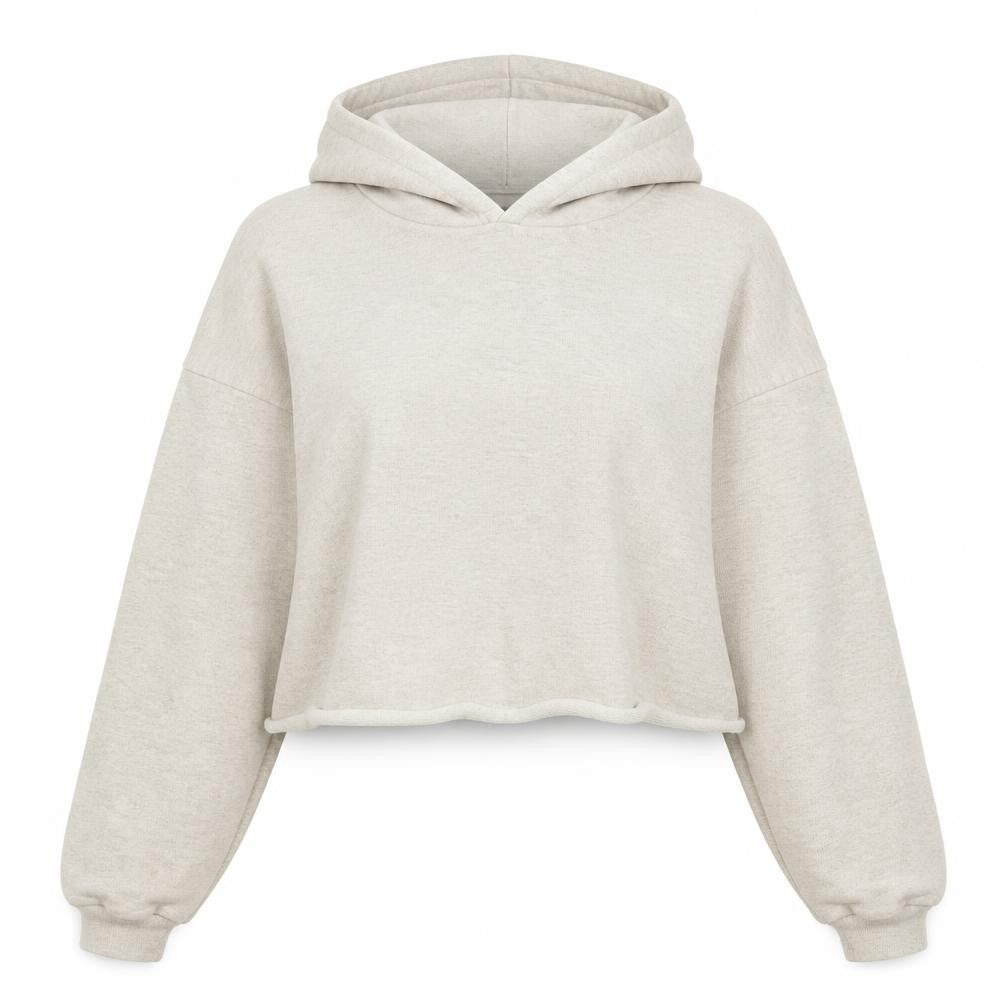 Front view of ASOS women’s beige polyester pullover hoodie, size UK 6, - cropped