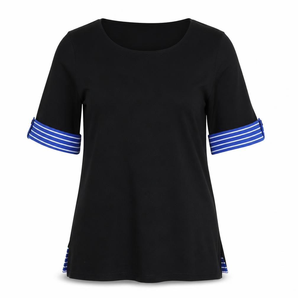 Front view of Nina Leonard women’s black striped polyester basic t-shirt, size M, round neck
