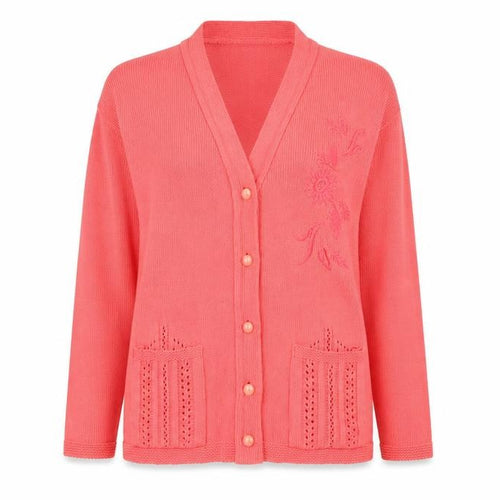 Florida Collection Womens Pink V-Neck Floral Acrylic Cardigan Jumper Size S