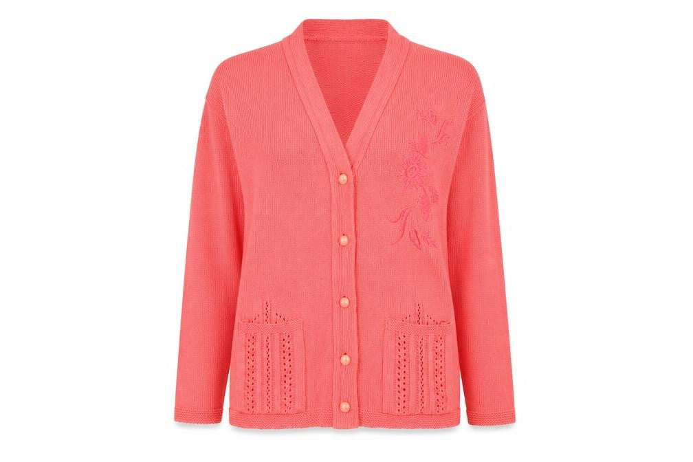 Florida Collection Womens Pink V-Neck Floral Acrylic Cardigan Jumper Size S