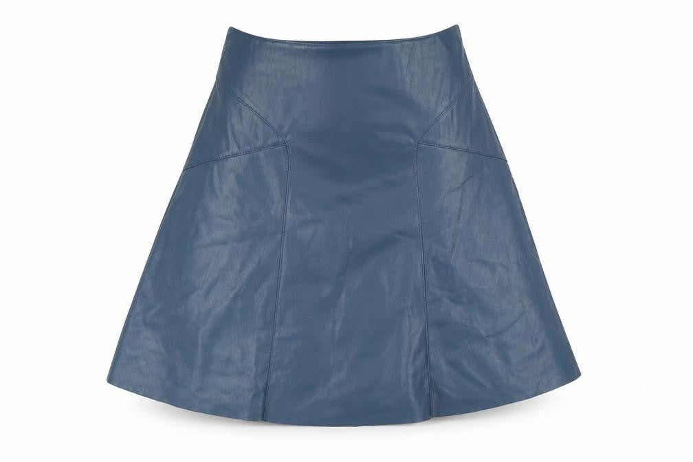 Front view of Monsoon women’s blue polyurethane flare skirt, size UK 10, zip