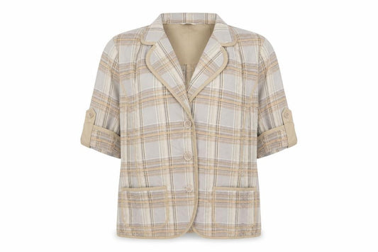 Front view of LUCIA women’s beige plaid jacket, size S, button