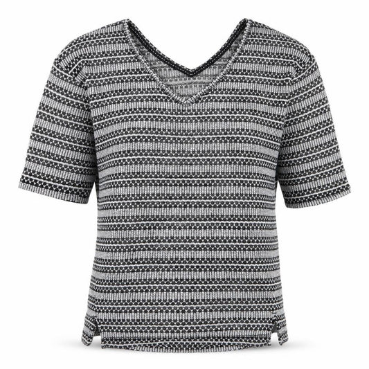 Front view of Next women’s grey v-neck geometric polyester jumper, size UK 10