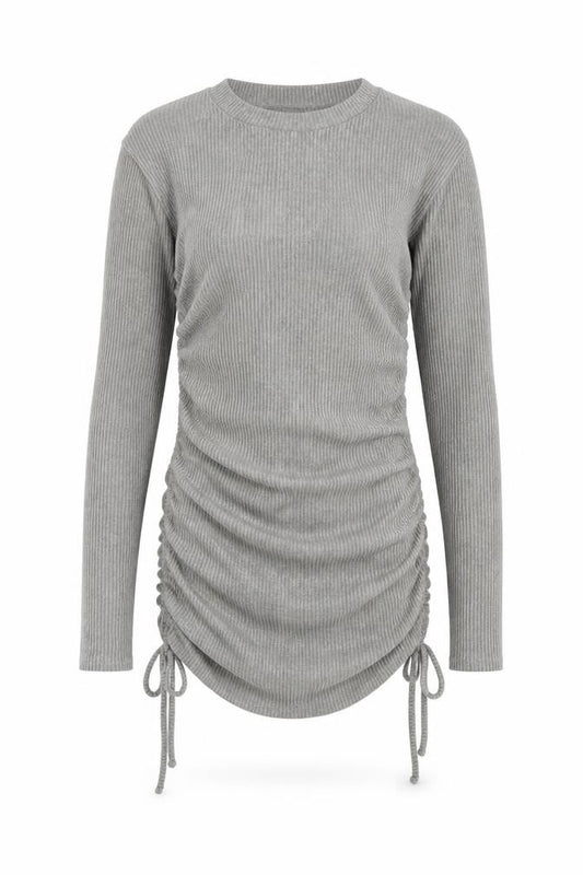 Front view of Boohoo women’s grey round neck viscose jumper, size UK 8