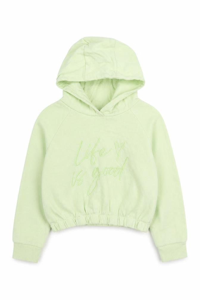 Front view of Pep&Co girls’ green cotton pullover hoodie, size 7-8, years