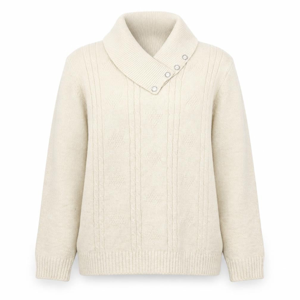 Front view of Leta Stretch women’s beige roll neck acrylic jumper, size M