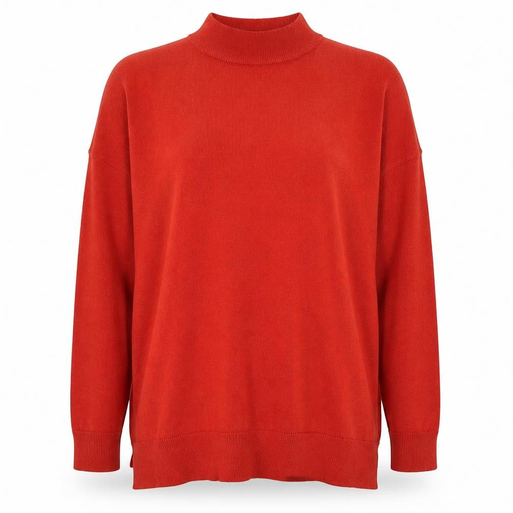Front view of Warehouse women’s orange mock neck polyester jumper, size UK 10