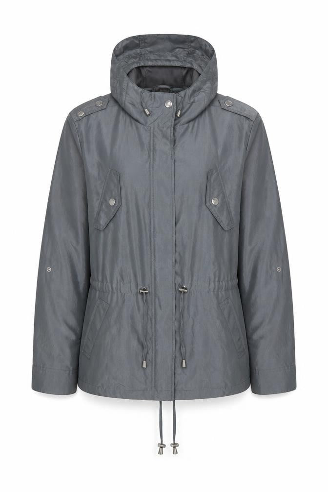 Front view of Debenhams women’s silver jacket coat, size UK 12, zip