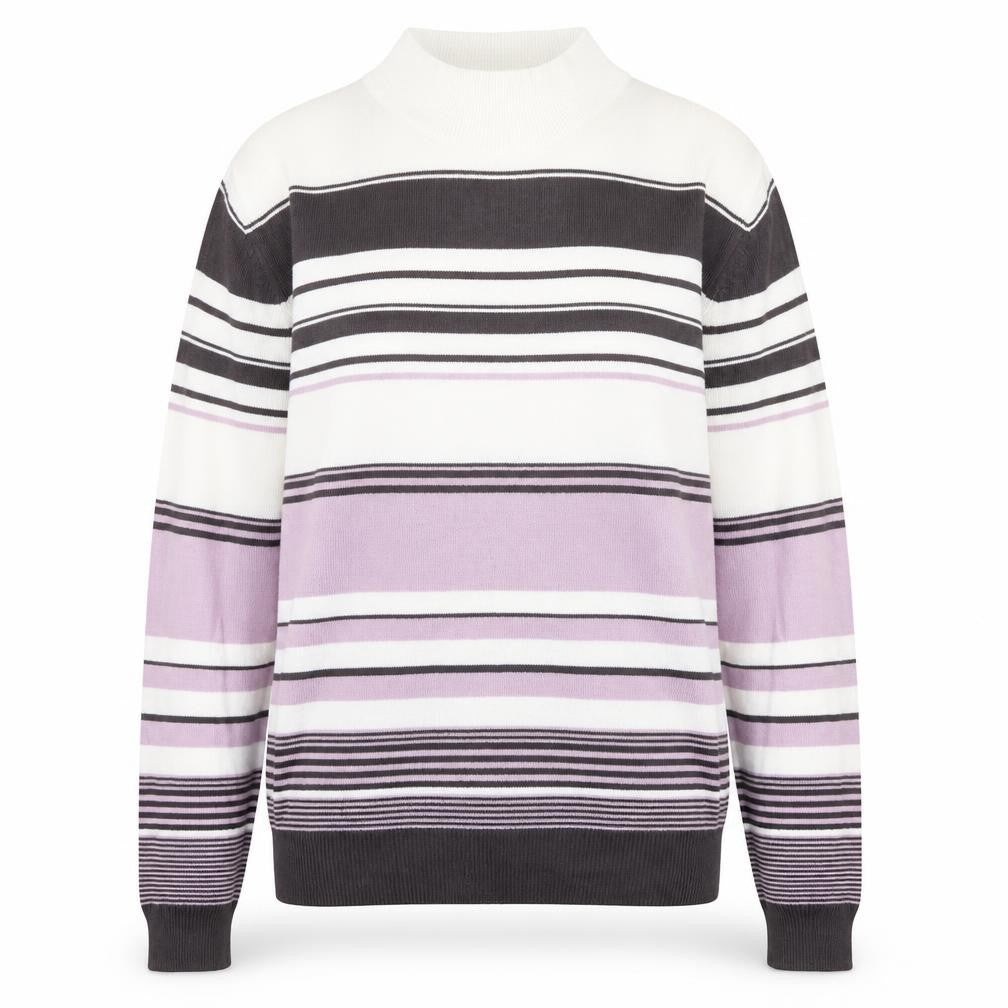 Front view of Marks & Spencer women’s multicoloured mock neck striped acrylic jumper, size UK 12