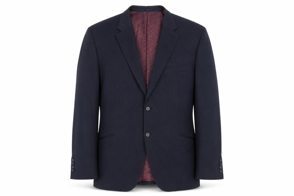 Front view of Brook Taverner men’s blue polyester jacket suit jacket, size XL