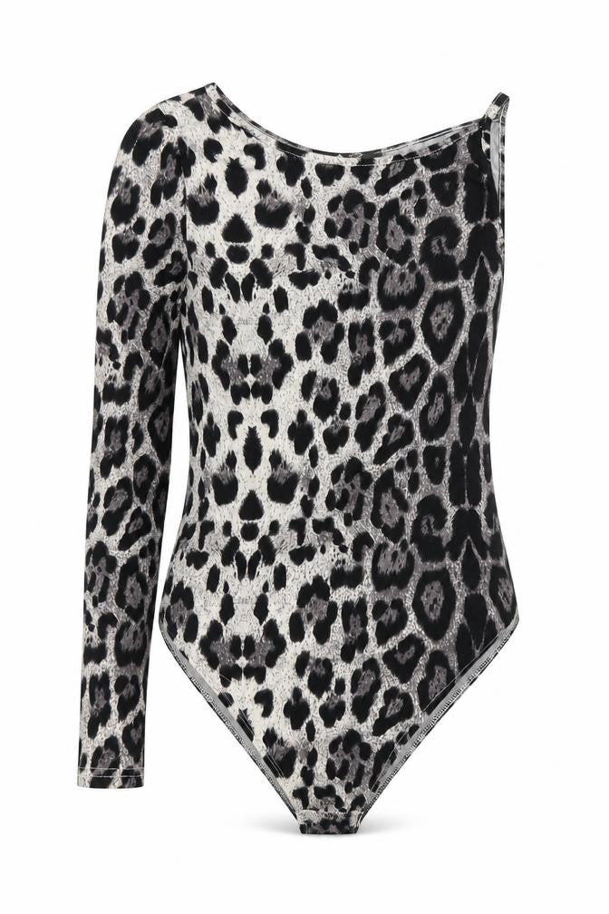 Front view of AX women’s grey animal print polyester bodysuit one-piece, size UK 12
