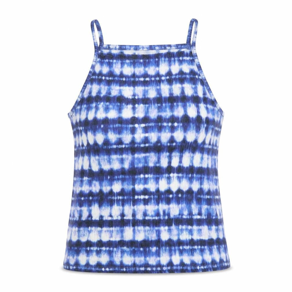Front view of Papaya women’s blue geometric polyester basic t-shirt, size UK 10, square neck