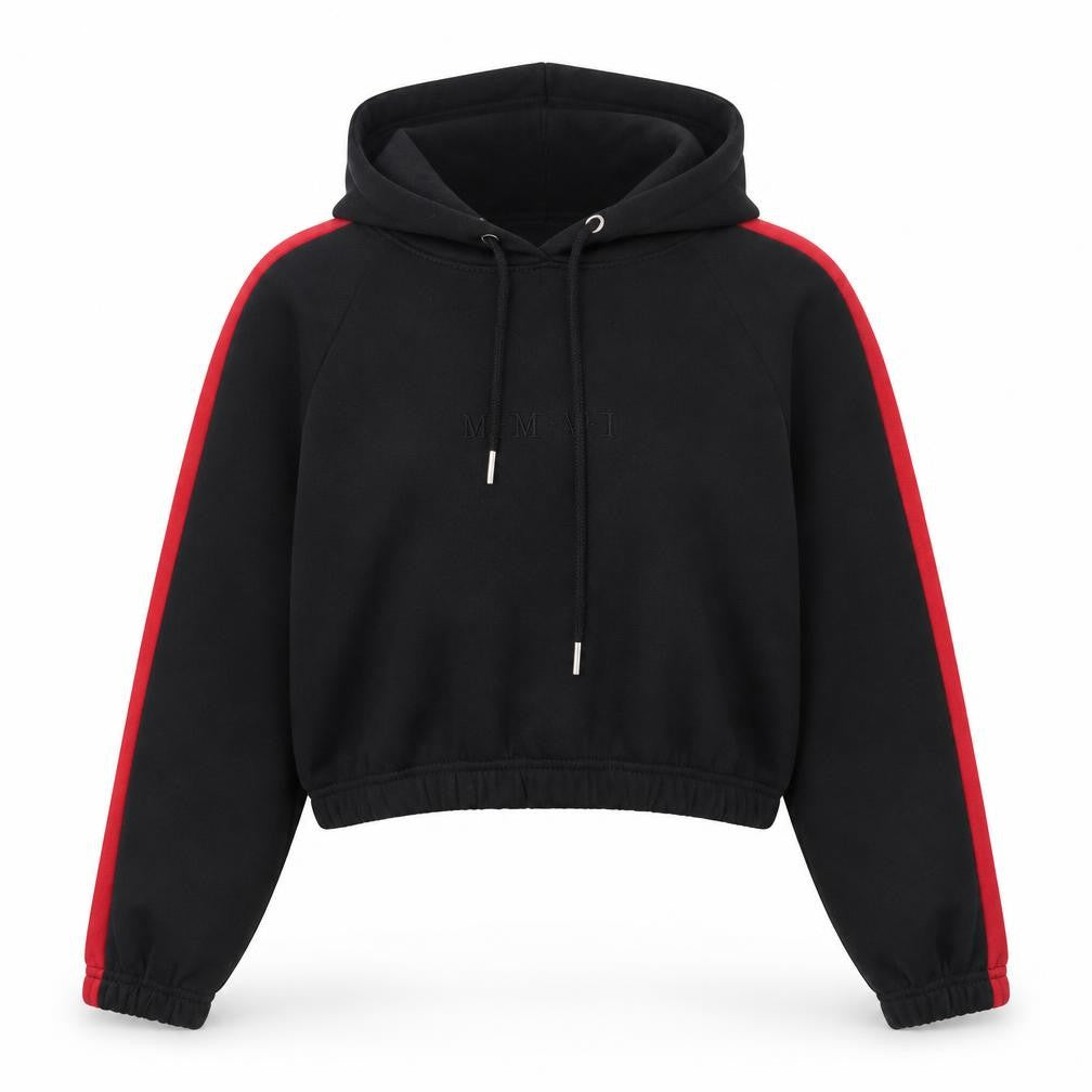 Front view of Boohoo women’s black cotton pullover hoodie, size UK 8