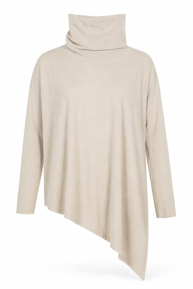 Front view of Laetitia Mem women’s beige roll neck rayon jumper, size M, - m/l