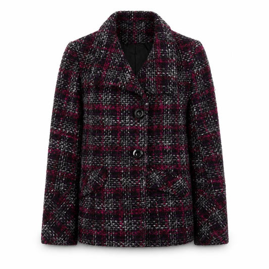 Front view of BHS women’s purple plaid pea coat coat, size UK 12