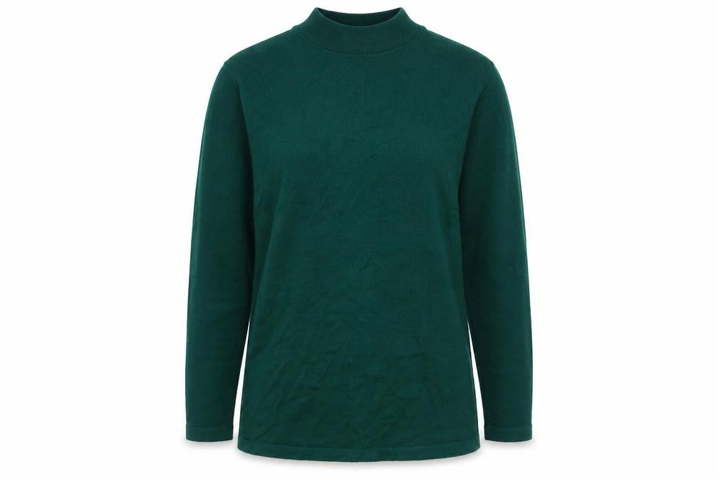 Front view of Camilla women’s green mock neck acrylic jumper, size UK 14