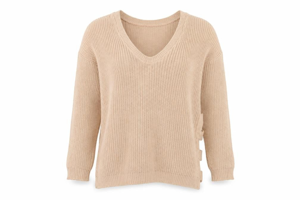 Front view of Boohoo women’s beige v-neck cotton jumper, size S, - s/m