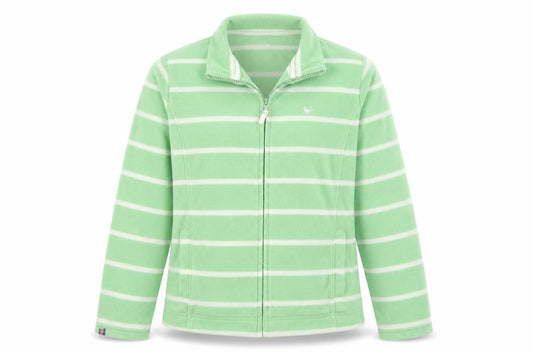 Front view of EWM women’s green striped jacket, size L, zip